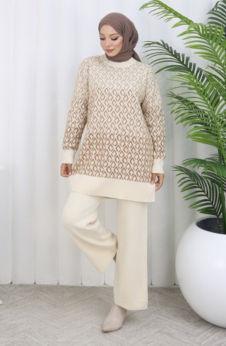 Gebreid Patroon Tuniek Broek Tweedelig Pak 1085-05 Beige 1085-05