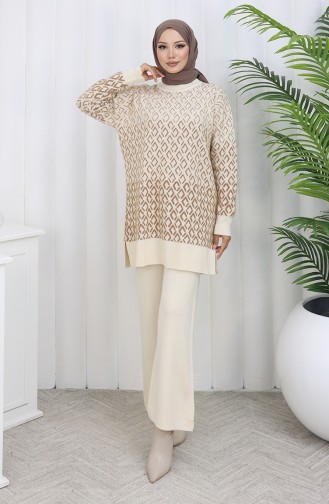 Gebreid Patroon Tuniek Broek Tweedelig Pak 1085-05 Beige 1085-05