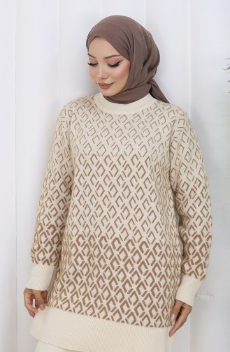 Gebreid Patroon Tuniek Broek Tweedelig Pak 1085-05 Beige 1085-05