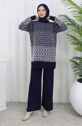 Gebreid Patroon Tuniek Broek Tweedelig Pak 1085-06 Marineblauw 1085-06