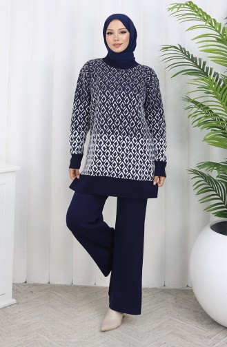 Gebreid Patroon Tuniek Broek Tweedelig Pak 1085-06 Marineblauw 1085-06