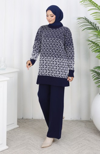 Gebreid Patroon Tuniek Broek Tweedelig Pak 1085-06 Marineblauw 1085-06