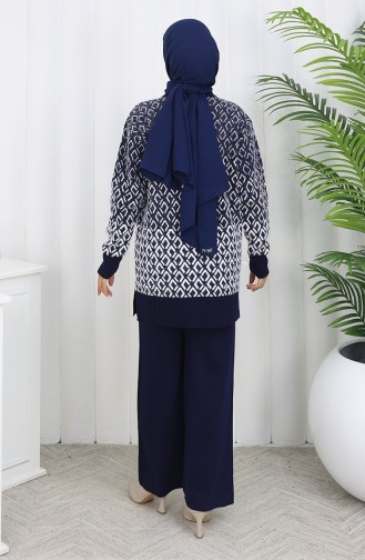 Gebreid Patroon Tuniek Broek Tweedelig Pak 1085-06 Marineblauw 1085-06