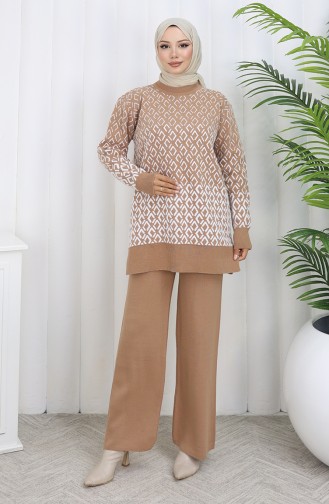 Gebreid Patroon Tuniek Broek Tweedelig Pak 1085-07 Melk Koffie 1085-07