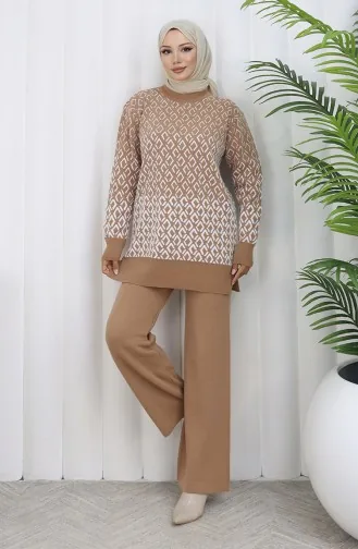 Gebreid Patroon Tuniek Broek Tweedelig Pak 1085-07 Melk Koffie 1085-07