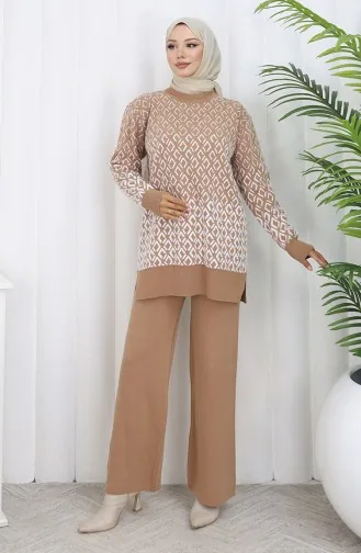 Gebreid Patroon Tuniek Broek Tweedelig Pak 1085-07 Melk Koffie 1085-07