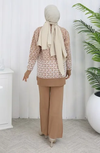 Gebreid Patroon Tuniek Broek Tweedelig Pak 1085-07 Melk Koffie 1085-07