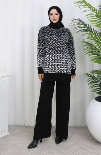 Gebreid Patroon Tuniek Broek Tweedelig Pak 1085-08 Zwart 1085-08