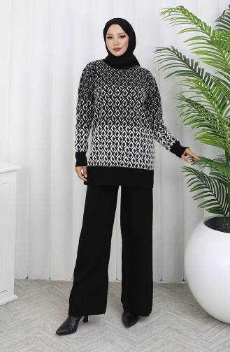 Gebreid Patroon Tuniek Broek Tweedelig Pak 1085-08 Zwart 1085-08
