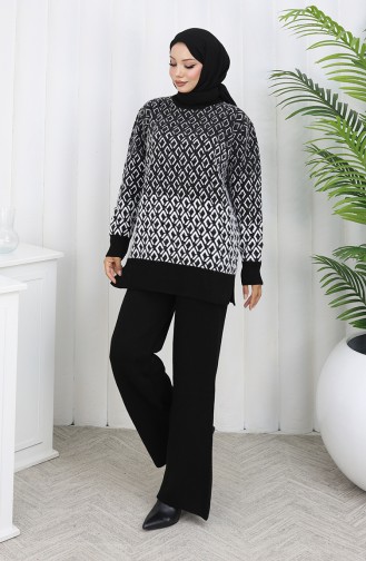 Gebreid Patroon Tuniek Broek Tweedelig Pak 1085-08 Zwart 1085-08