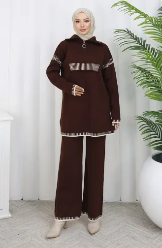 Gebreid Opstaand Kraag Tuniek Broek Tweedelig Pak 1105-04 Bruin 1105-04