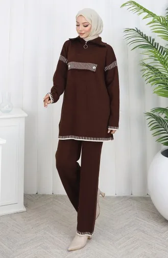 Gebreid Opstaand Kraag Tuniek Broek Tweedelig Pak 1105-04 Bruin 1105-04