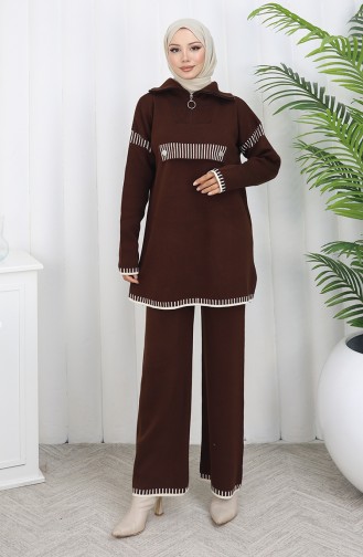 Knitwear Stand Collar Zippered Tunic Trousers Two Piece Suit 1105-04 Brown 1105-04