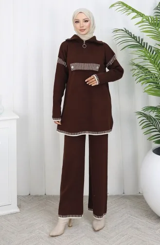 Gebreid Opstaand Kraag Tuniek Broek Tweedelig Pak 1105-04 Bruin 1105-04