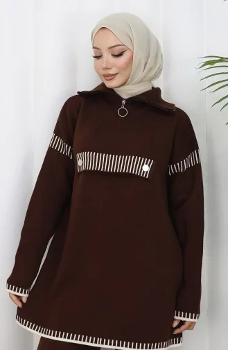 Gebreid Opstaand Kraag Tuniek Broek Tweedelig Pak 1105-04 Bruin 1105-04