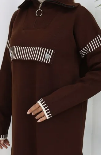 Gebreid Opstaand Kraag Tuniek Broek Tweedelig Pak 1105-04 Bruin 1105-04