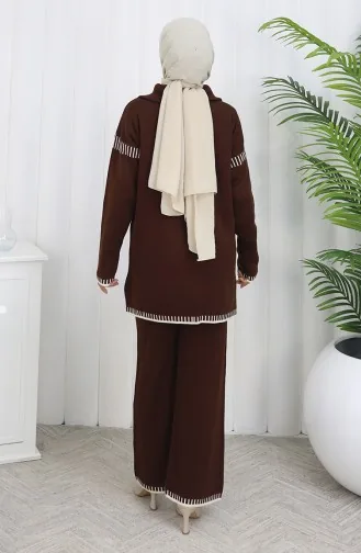 Gebreid Opstaand Kraag Tuniek Broek Tweedelig Pak 1105-04 Bruin 1105-04