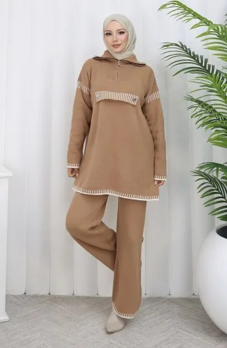 Ensemble Deux Pièces En Tricot Col Montant Tunique Zippée Et Pantalon Couleur Café Au Lait 1105-05 1105-05