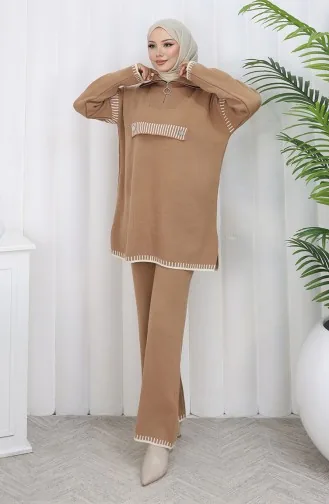Ensemble Deux Pièces En Tricot Col Montant Tunique Zippée Et Pantalon Couleur Café Au Lait 1105-05 1105-05