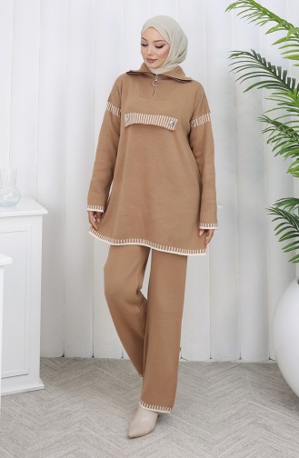 Knitwear Stand Collar Zippered Tunic Trousers Two Piece Suit 1105-05 Milk Coffee 1105-05