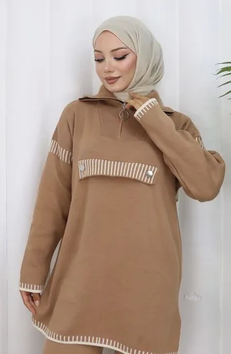 Ensemble Deux Pièces En Tricot Col Montant Tunique Zippée Et Pantalon Couleur Café Au Lait 1105-05 1105-05