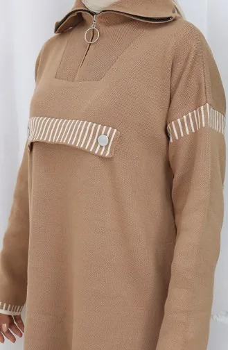 Ensemble Deux Pièces En Tricot Col Montant Tunique Zippée Et Pantalon Couleur Café Au Lait 1105-05 1105-05
