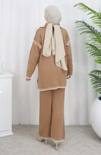 Ensemble Deux Pièces En Tricot Col Montant Tunique Zippée Et Pantalon Couleur Café Au Lait 1105-05 1105-05