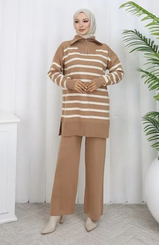 Ensemble Deux Pièces En Tricot Col Roulé Tunique Rayée Et Pantalon Couleur Café Au Lait 1107-05 1107-05