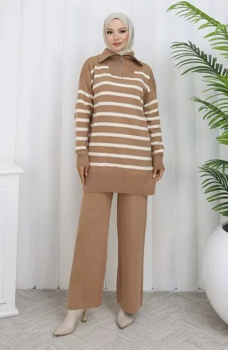 Ensemble Deux Pièces En Tricot Col Roulé Tunique Rayée Et Pantalon Couleur Café Au Lait 1107-05 1107-05