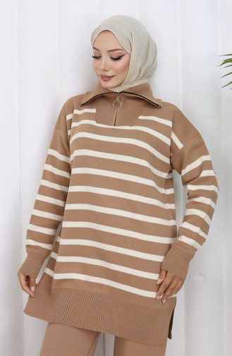 Triko Balıkçı Yaka Çizgili Tunik Pantolon İkili Takım 1107-05 Sütlü kahve