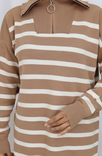 Triko Balıkçı Yaka Çizgili Tunik Pantolon İkili Takım 1107-05 Sütlü kahve
