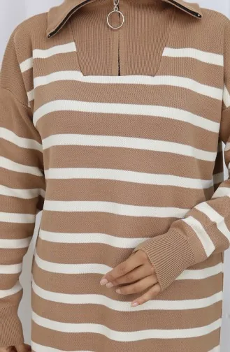 Ensemble Deux Pièces En Tricot Col Roulé Tunique Rayée Et Pantalon Couleur Café Au Lait 1107-05 1107-05