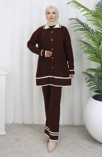 Knitwear Polo Collar Buttoned Tunic Trousers Two Piece Suit 1108-03 Brown 1108-03