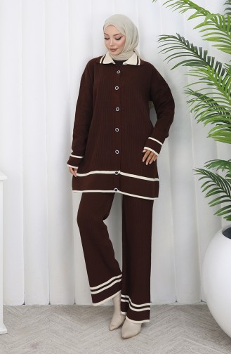 Knitwear Polo Collar Buttoned Tunic Trousers Two Piece Suit 1108-03 Brown 1108-03
