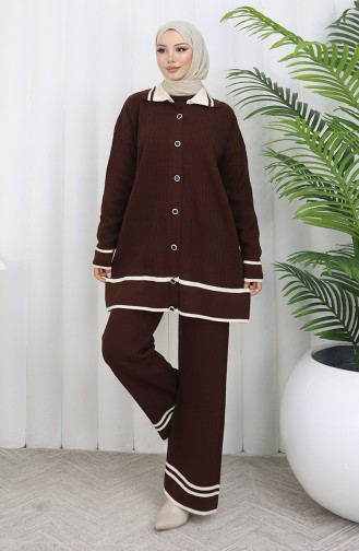 Knitwear Polo Collar Buttoned Tunic Trousers Two Piece Suit 1108-03 Brown 1108-03