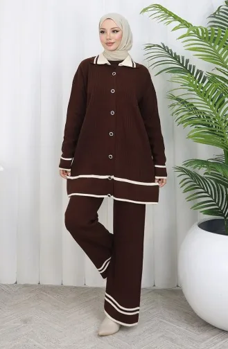 Gebreide Polokraag Tuniek Met Knopen Broek Tweedelig Pak 1108-03 Bruin 1108-03