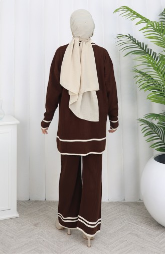 Knitwear Polo Collar Buttoned Tunic Trousers Two Piece Suit 1108-03 Brown 1108-03