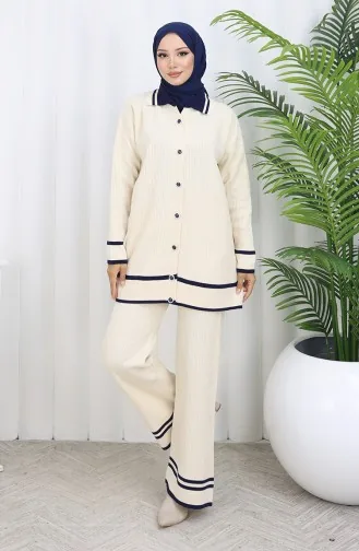 Ensemble Deux Pièces En Tricot Col Polo Tunique Boutonnée Et Pantalon 1108-04 Beige 1108-04