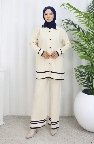 Ensemble Deux Pièces En Tricot Col Polo Tunique Boutonnée Et Pantalon 1108-04 Beige 1108-04