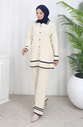 Ensemble Deux Pièces En Tricot Col Polo Tunique Boutonnée Et Pantalon 1108-04 Beige 1108-04