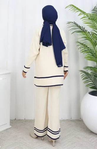 Ensemble Deux Pièces En Tricot Col Polo Tunique Boutonnée Et Pantalon 1108-04 Beige 1108-04