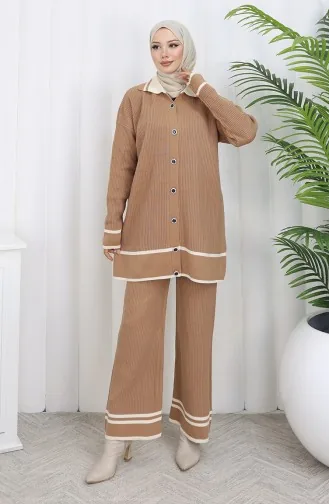 Ensemble Deux Pièces En Tricot Col Polo Tunique Boutonnée Pantalon 1108-07 Café Au Lait 1108-07