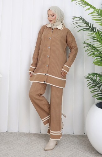 Ensemble Deux Pièces En Tricot Col Polo Tunique Boutonnée Pantalon 1108-07 Café Au Lait 1108-07