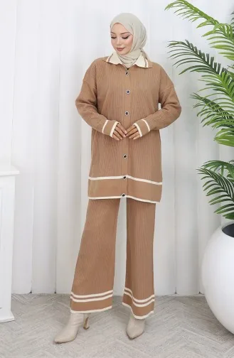 Ensemble Deux Pièces En Tricot Col Polo Tunique Boutonnée Pantalon 1108-07 Café Au Lait 1108-07