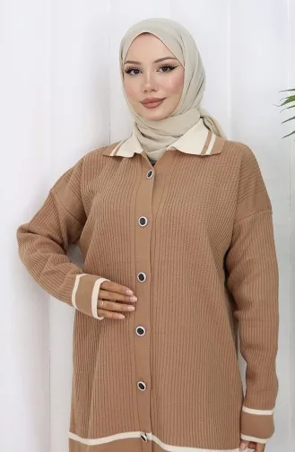 Ensemble Deux Pièces En Tricot Col Polo Tunique Boutonnée Pantalon 1108-07 Café Au Lait 1108-07