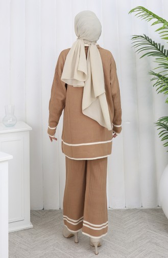 Ensemble Deux Pièces En Tricot Col Polo Tunique Boutonnée Pantalon 1108-07 Café Au Lait 1108-07