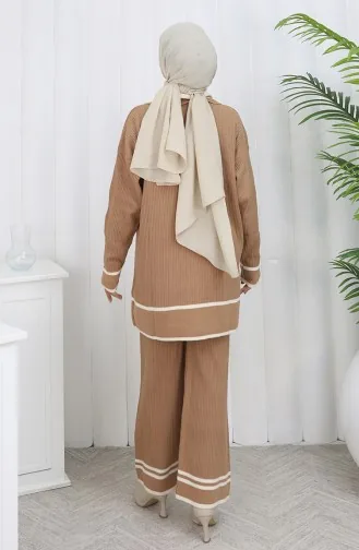 Ensemble Deux Pièces En Tricot Col Polo Tunique Boutonnée Pantalon 1108-07 Café Au Lait 1108-07