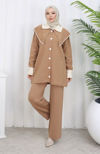 Ensemble Deux Pièces En Tricot Tunique Boutonnée Et Pantalon Garni 1122-04 Café Au Lait 1122-04