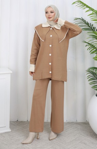 Ensemble Deux Pièces En Tricot Tunique Boutonnée Et Pantalon Garni 1122-04 Café Au Lait 1122-04