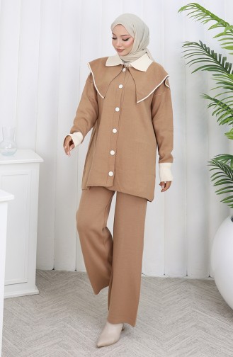 Ensemble Deux Pièces En Tricot Tunique Boutonnée Et Pantalon Garni 1122-04 Café Au Lait 1122-04